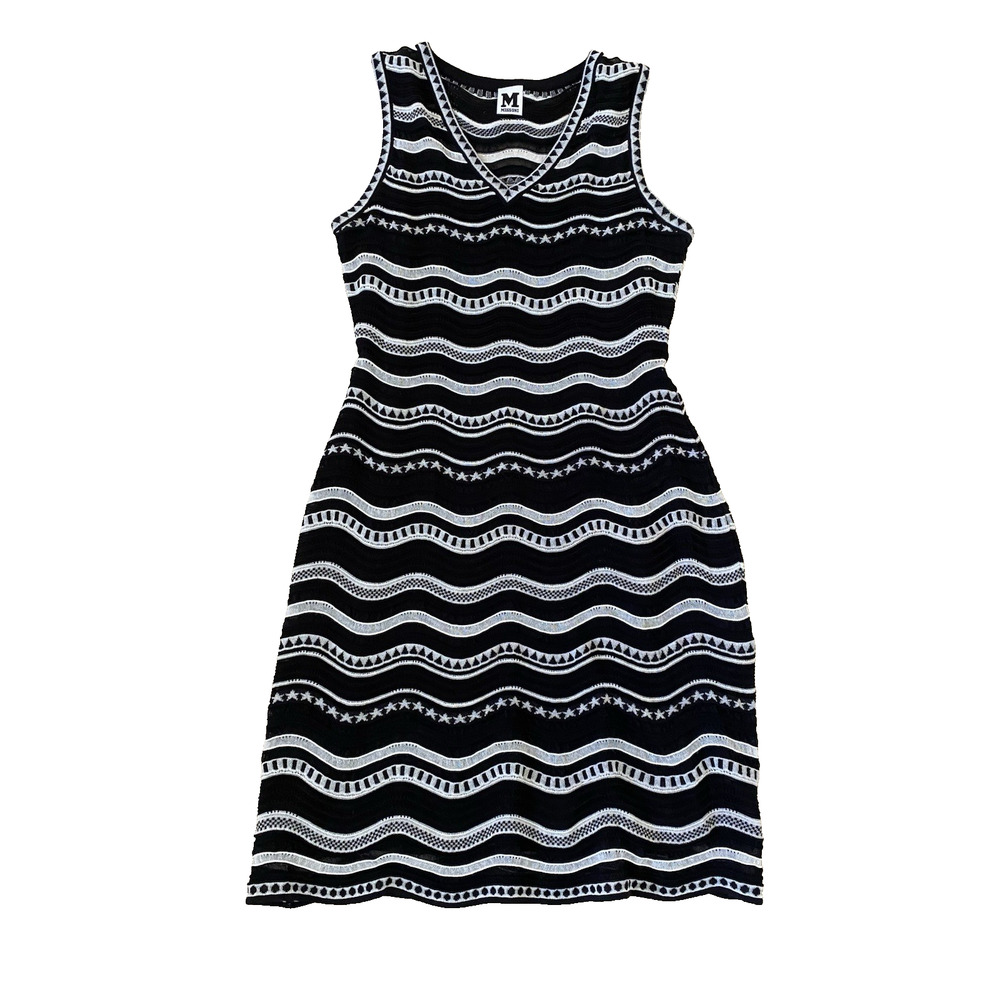 Missoni‎ M V-Neck Knit Black White Stripe Sleeveless Dress M Designer Art